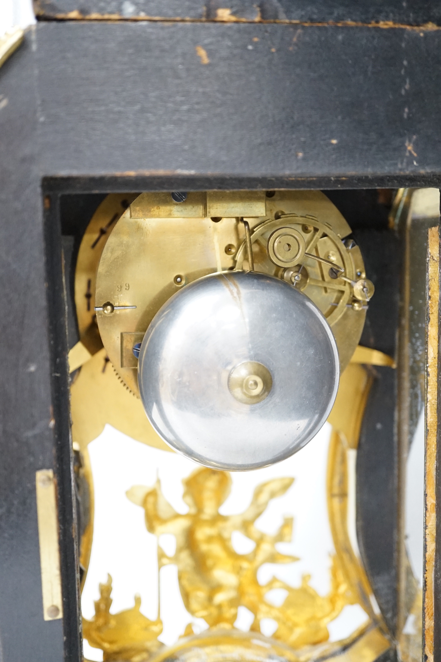 A large Louis XV style cut brass inlaid mantel clock, with a two train, French movement, striking on a bell, 50cm high